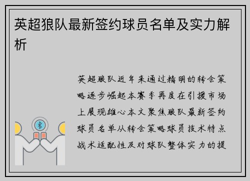 英超狼队最新签约球员名单及实力解析