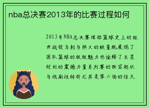 nba总决赛2013年的比赛过程如何